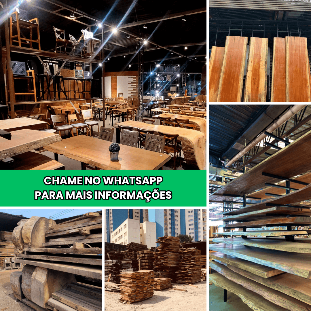 Mesa Prancha de Madeira Maciça para Sala de Jantar e Área Gourmet com Base em Aço Industrial