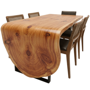 mesa-cascata-com- prancha-curva-madeira-nobre-tronco-organico-sala-de-jantar