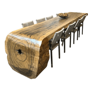 Mesa Cascata Orgânica Natural em Tronco Inteiriço Prancha Curva com Base de Ferro 