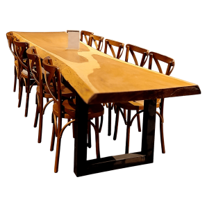 Mesa Prancha de Madeira Maciça para Sala de Jantar e Área Gourmet com Base em Aço Industrial
