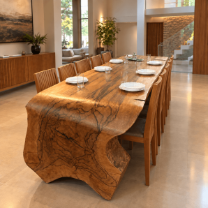 Mesa de Jantar Cascata em Tronco Natural de Madeira de Lei Prancha Curva e Base de Aço