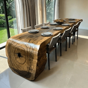 Mesa Cascata Orgânica Natural em Tronco Inteiriço Prancha Curva com Base de Ferro 