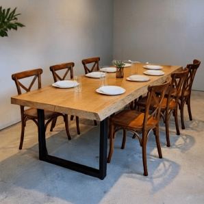 Mesa Prancha Madeira Maciça Borda Natural Pé de Aço Galvanizado