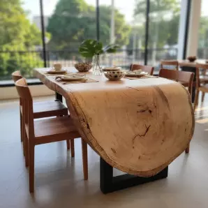 Mesa Cascata Madeira Clara Maciça Prancha Única Sala de Jantar
