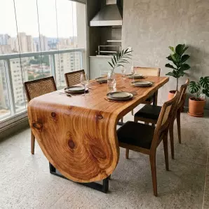 Mesa Cascata com Prancha Curva Madeira Nobre Tronco Orgânico Sala de Jantar