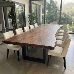 Mesa de Jantar Prancha Única Costaneira Live Edge Madeira Maciça Base de Aço Pronta Entrega São Paulo