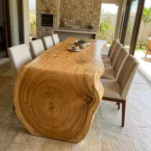 Mesa Prancha Curva Estilo Cascata em Tora Inteiriça de Madeira Nobre