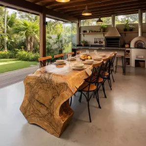 Mesa Cascata Orgânica de Madeira Maciça com Borda Natural para Área Gourmet